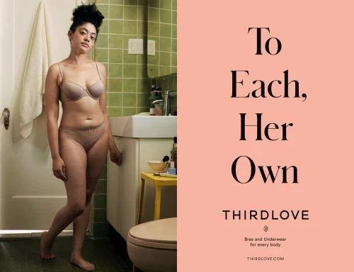 A slender adult woman stands in a bra and underwear in a bathroom; product shot for Third Love brand, with marketing text on the right.