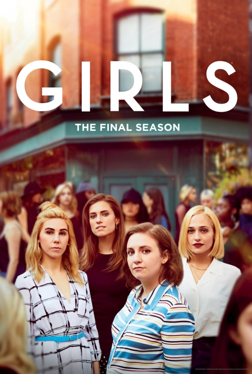 Movie poster for 'Girls: The Final Season' showcasing five adult females in an urban setting, with a brick building and crowd in the background.