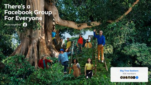 A diverse group of people stand and sit amongst a large tree in a forest environment, many on ladders, in a Facebook advertisement.