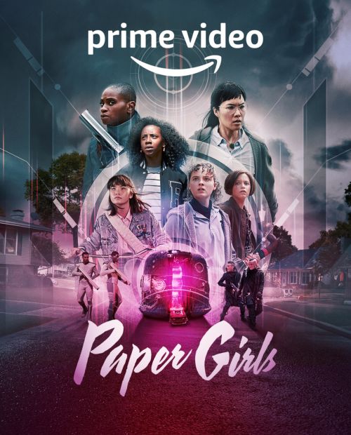 Poster for Amazon Prime Video's 'Paper Girls' show featuring six young women in 1980s attire against a retro-futuristic backdrop.