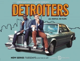 Two men eating hot dogs while seated on the hood of a vintage car against a solid teal background with illustrative skyline.