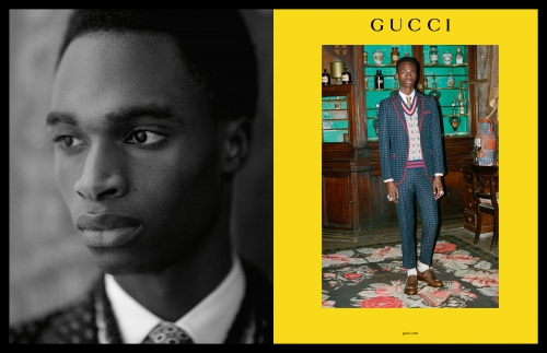 An eye-level fashion shot features a Black male model in a suit, presented in a vertically split format, half B&W, half color, next to the Gucci logo.