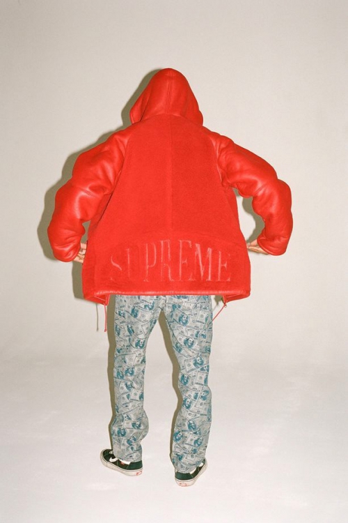 Person wearing a red hooded jacket and money-print pants stands in front of a plain white background in a studio fashion shot.