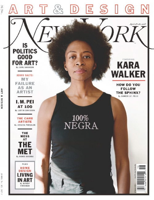 New York magazine cover featuring Kara Walker, Afro hairstyle, wearing a black tank top with '100% Negra' print, art and design theme.