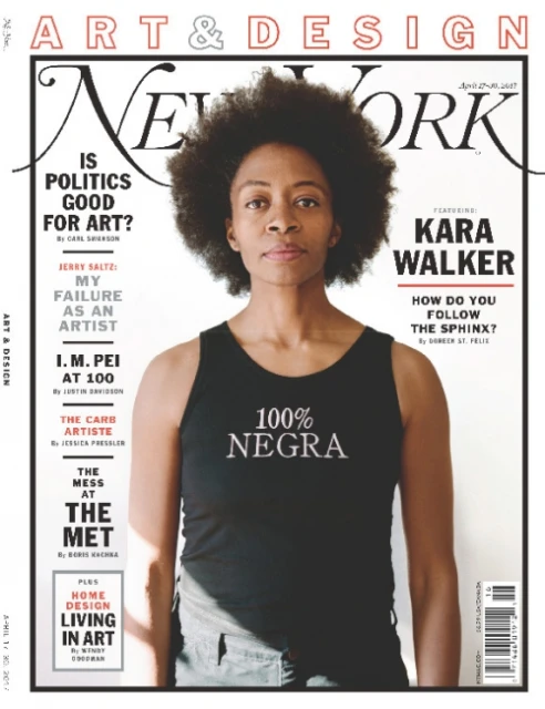 New York magazine cover featuring Kara Walker, Afro hairstyle, wearing a black tank top with '100% Negra' print, art and design theme.