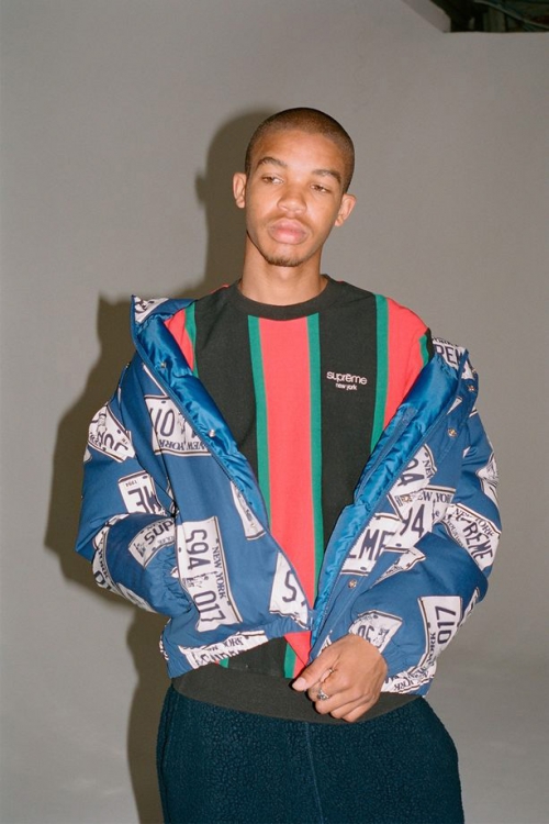 Man in Supreme jacket and striped tee in studio. Padded jacket with license plate print. Vertical stripe tee in red, black and green.