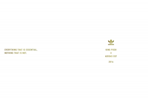 Minimalist adidas advertisement featuring logo, text, and gold color palette on a white backdrop, with text reading, 'King Push x Adidas EQT.'