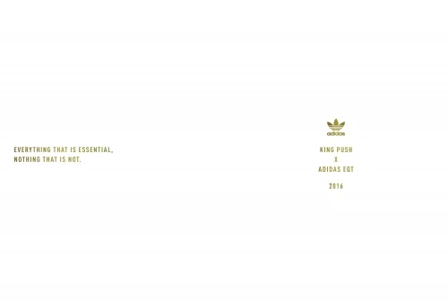 Minimalist adidas advertisement featuring logo, text, and gold color palette on a white backdrop, with text reading, 'King Push x Adidas EQT.'