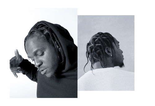 Black and white portrait of an adult male with braided hair wearing a hoodie, in a diptych composition against a white backdrop.