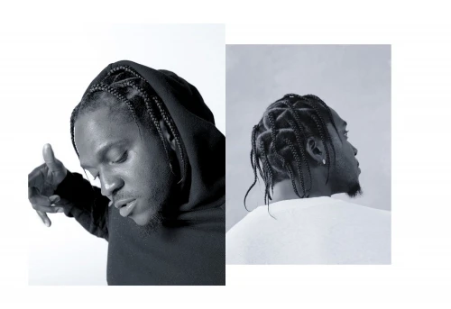 Black and white portrait of an adult male with braided hair wearing a hoodie, in a diptych composition against a white backdrop.