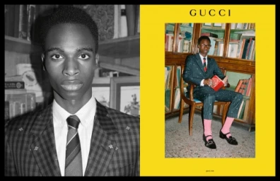 A diptych featuring a black man in a plaid suit and tie on the left and seated in a library on the right by Ari Marcopoulos.