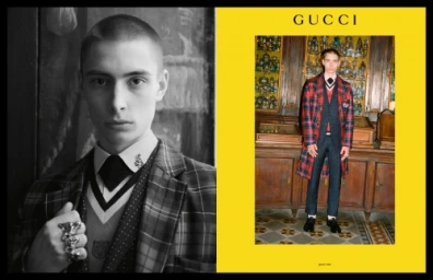 Diptych fashion layout featuring a black-and-white portrait on the left and a colour photograph of a man in a plaid coat on the right.