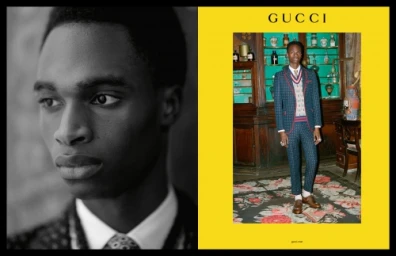 Black and white close up portrait of a young Black man paired with a full length color photo of him in a patterned suit.
