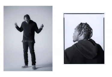 Monochrome diptych featuring a Black man in a black hoodie and dark trousers standing against a plain backdrop.