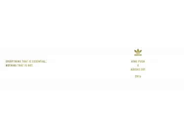 Minimalist white advertisement with gold adidas logo and typography including king push x adidas eqt text