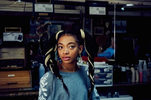 Portrait of a young woman with braided pigtails, wearing a grey top with floral embroidery, in an indoor setting with mirrors and shelves.