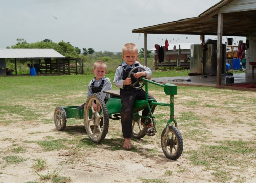 Two young boys in overalls on a green pedal tractor with a trailer outdoors in a rural setting on a sunny day, looking at camera.