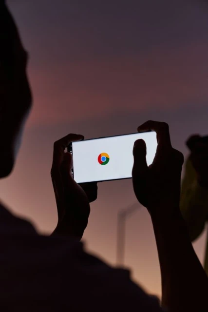 Silhouette of a person holding a phone displaying the Chrome logo against a dark twilight sky, showcasing technology and connectivity.