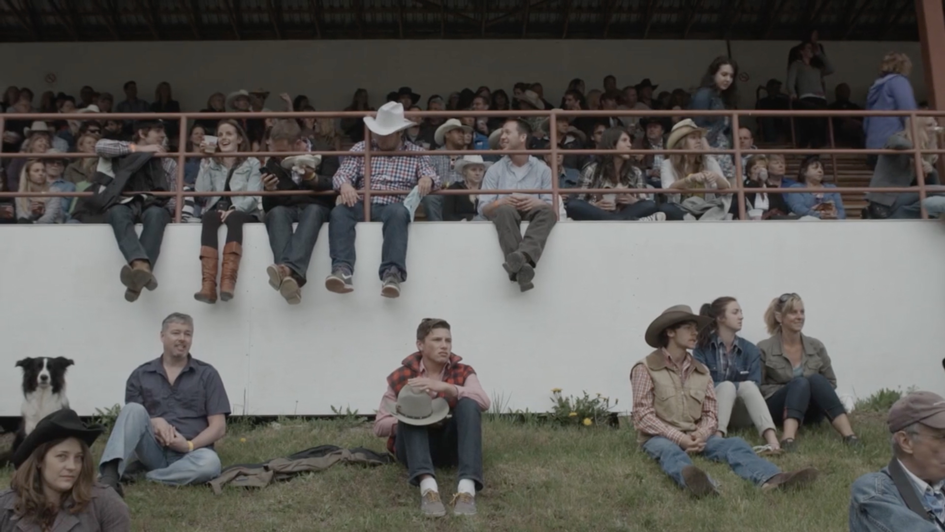Outdoor crowd scene shows people in stadium seating and on grassy hillside. The group watches an event from an eye-level medium shot.