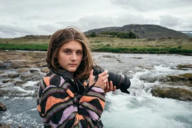 Young woman holding a DSLR camera with a telephoto lens outdoors near a flowing river against a mountainous backdrop