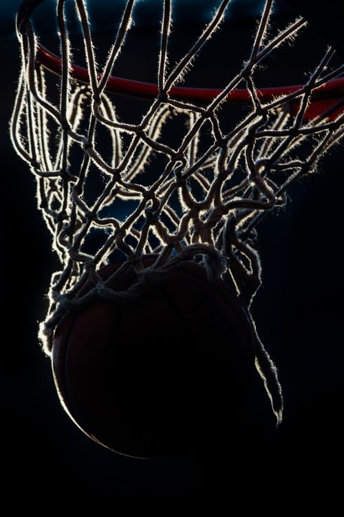 A silhouetted basketball passes through a net against a dark background, with the net fibers brightly illuminated by backlight.