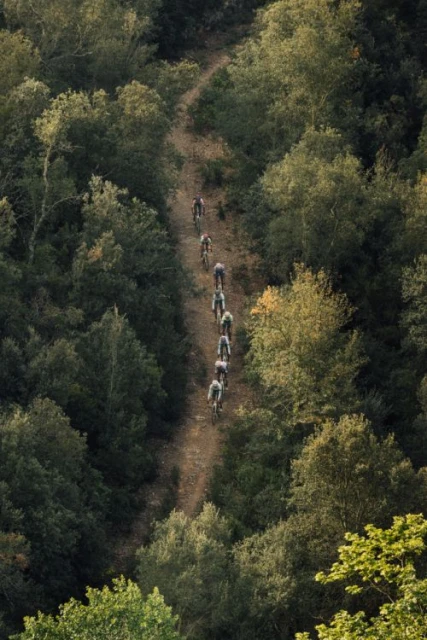 A group of cyclists ride along a dirt trail through a dense green forest, captured from a high-angle, showcasing an outdoor sports scene.
