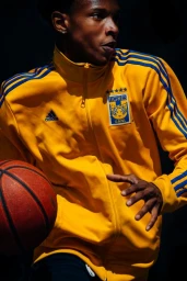 A young Black man wearing a yellow athletic jacket holding a basketball against a dark background.