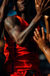 Basketball player wearing an orange jersey jumping during a game, captured by Alessandro Simonetti.