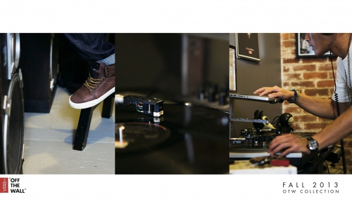 Split image featuring a shoe on a chair, a record player needle on vinyl, and a person using DJ equipment and a laptop in a brick room.