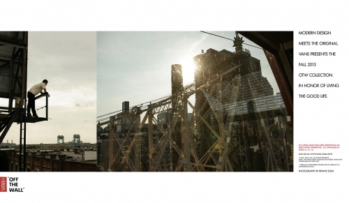 Man on metal structure observes an industrial landscape with buildings and bridges under a cloudy sky, promoting Vans Fall 2013 collection.