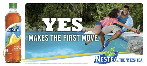 Nestea iced tea lemon bottle, couple by pool embraces, bright light and summer vibes, refreshing beverage and connection. Outdoor scene.