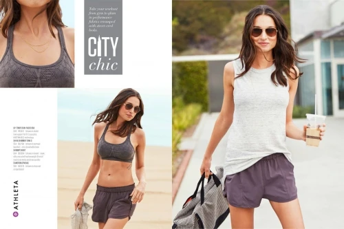 Athleta marketing image: A woman in a grey tank top and purple shorts holds a drink and bag on a city street, smiling at the camera.