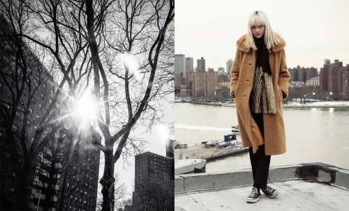 Diptypt photograph featuring bare winter tree branches and a building on the left and a blonde model wearing a tan coat on a rooftop