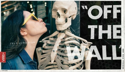A woman with yellow sunglasses puckers her lips toward a skeleton with an Off the Wall Vans sign in the background, promoting self-expression.