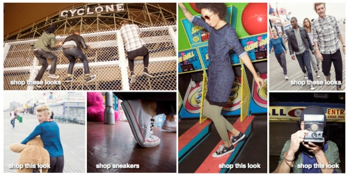 Multiple scenes of people in urban settings, on a boardwalk, and climbing on structures, showcasing casual fashion and street style.