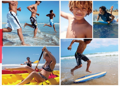Collage of beach scenes featuring people running, kayaking, surfing, and swimming in the ocean under a clear, sunny sky.