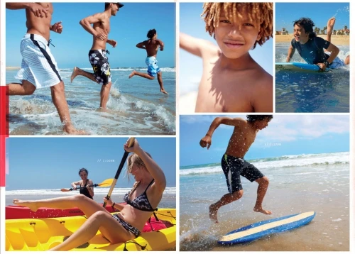 Collage of beach scenes featuring people running, kayaking, surfing, and swimming in the ocean under a clear, sunny sky.