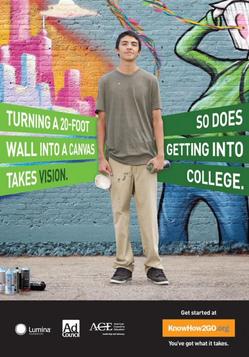 Teenager stands in front of a graffiti-covered wall holding a spray can, next to the text 'Turning a 20-foot wall into a canvas takes vision.'
