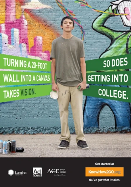 Teenager stands in front of a graffiti-covered wall holding a spray can, next to the text 'Turning a 20-foot wall into a canvas takes vision.'