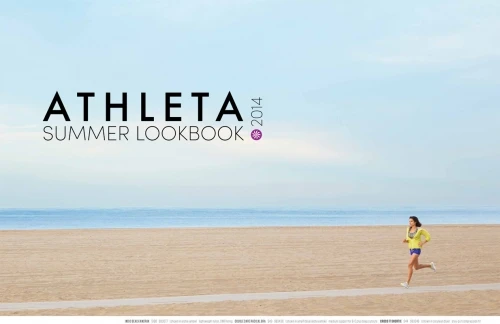Athleta summer lookbook cover featuring a woman running on a beach with the ocean and sky in the background under the brand's logo.