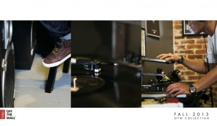 Triptych image showcasing brown leather high-top sneaker, vinyl turntable, and DJ mixing tracks in studio