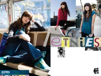 Collage layout featuring a female model wearing headphones and casual apparel on public transport and city streets.