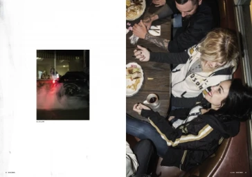 High-angle editorial spread featuring a group of people seated in a booth with plates of food and a motorcycle detail inset.