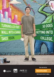 Young man holding a respirator mask and spray paint can standing in front of a colorful graffiti mural.