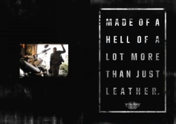 Graphic layout featuring bold distressed typography and a small inset image of a man by a motorcycle.