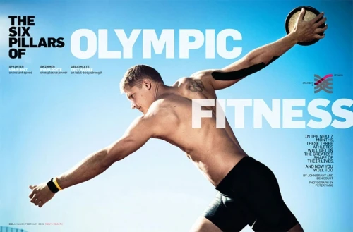 Fitness magazine cover featuring an athletic man throwing a discus against a bright blue sky, showcasing Olympic training and muscular physique.