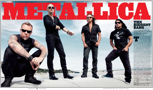 Metallica band members pose outdoors in black outfits, with the band's name in bold red letters and a cityscape visible in the background.