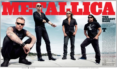 Metallica band members pose outdoors in black outfits, with the band's name in bold red letters and a cityscape visible in the background.