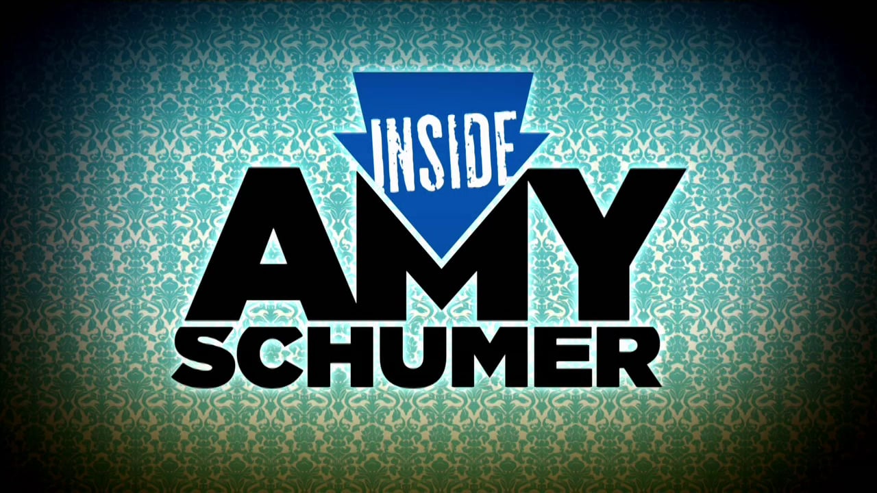 Title graphic for 'Inside Amy Schumer' show featuring bold black text on damask-patterned blue background, framed by soft vignette.