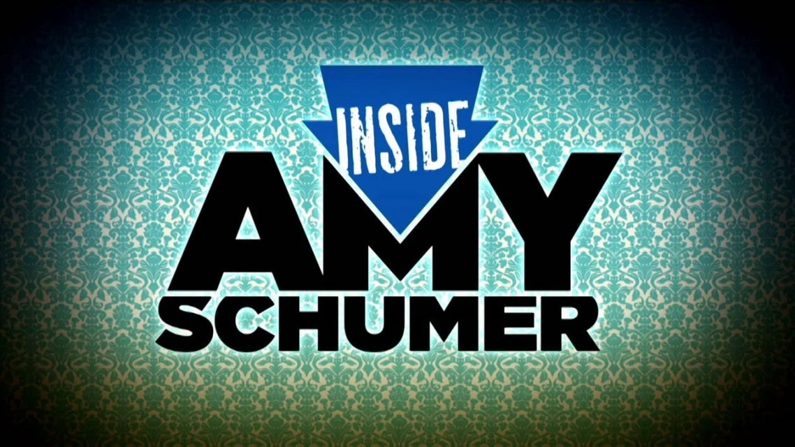 Title graphic for 'Inside Amy Schumer' show featuring bold black text on damask-patterned blue background, framed by soft vignette.